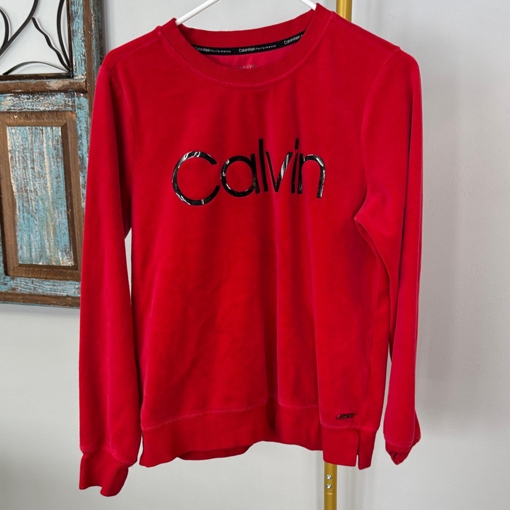 Calvin Klein Bold Red Velour Logo crew neck Sweatshirt M